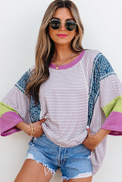 Mixed Print Raw Edge Patchwork Bracelet Sleeve Blouse