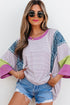 Mixed Print Raw Edge Patchwork Bracelet Sleeve Blouse