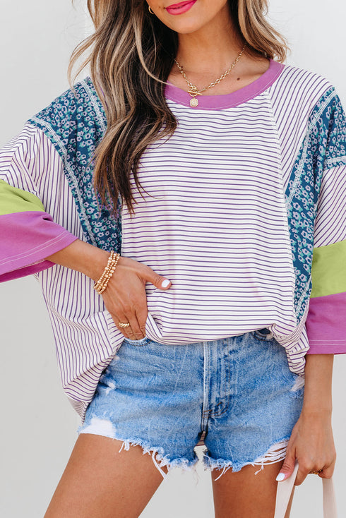 Mixed Print Raw Edge Patchwork Bracelet Sleeve Blouse