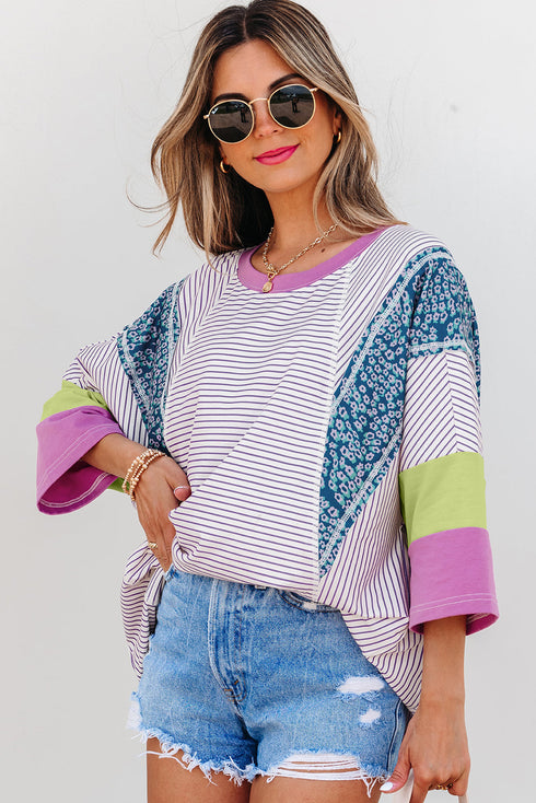 Mixed Print Raw Edge Patchwork Bracelet Sleeve Blouse