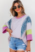 Mixed Print Raw Edge Patchwork Bracelet Sleeve Blouse