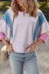 Mixed Print Raw Edge Patchwork Bracelet Sleeve Blouse