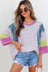 Mixed Print Raw Edge Patchwork Bracelet Sleeve Blouse