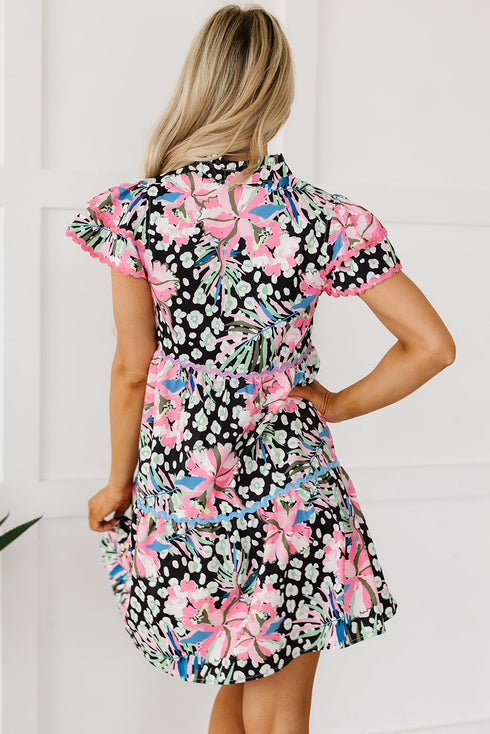 Mixed Print Ric Rac Trim Tiered Mini Dress
