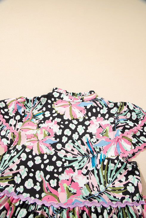 Mixed Print Ric Rac Trim Tiered Mini Dress