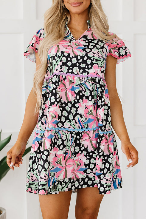 Mixed Print Ric Rac Trim Tiered Mini Dress