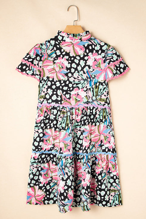Mixed Print Ric Rac Trim Tiered Mini Dress