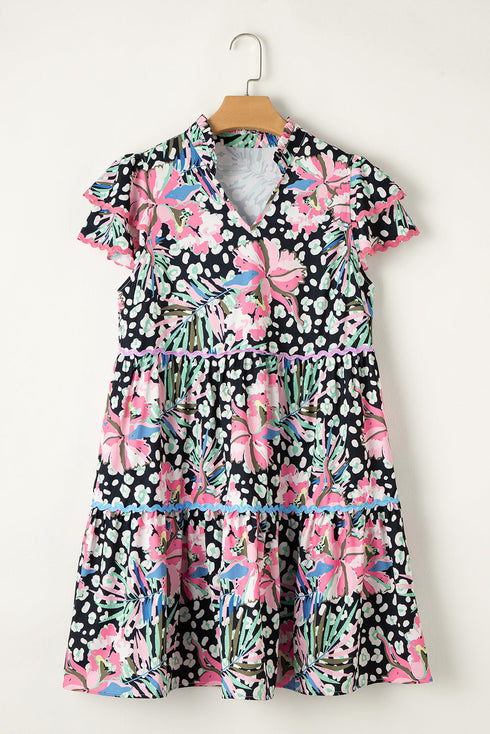 Mixed Print Ric Rac Trim Tiered Mini Dress