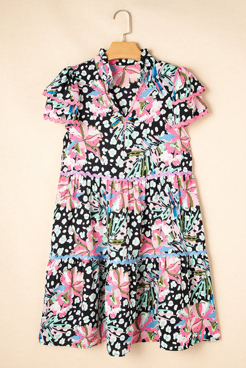 Mixed Print Ric Rac Trim Tiered Mini Dress