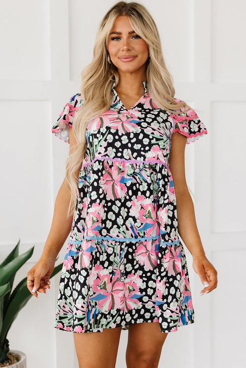 Mixed Print Ric Rac Trim Tiered Mini Dress