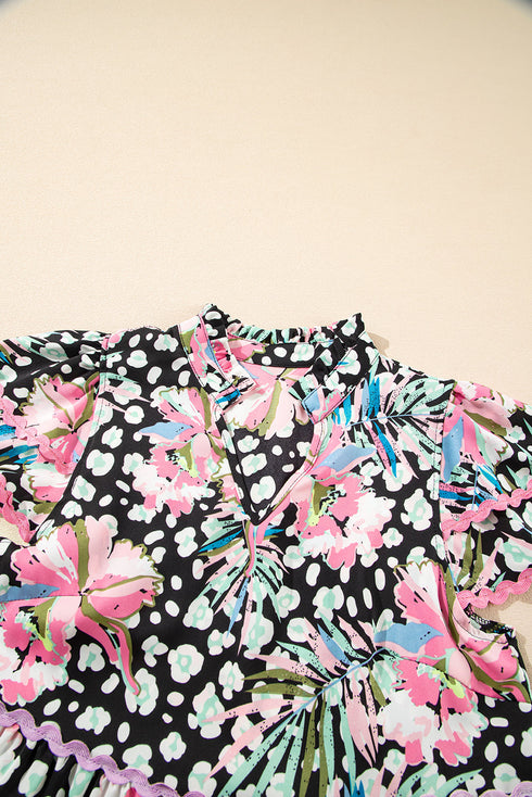 Mixed Print Ric Rac Trim Tiered Mini Dress