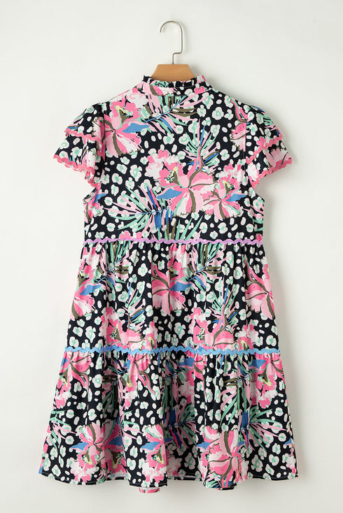 Mixed Print Ric Rac Trim Tiered Mini Dress