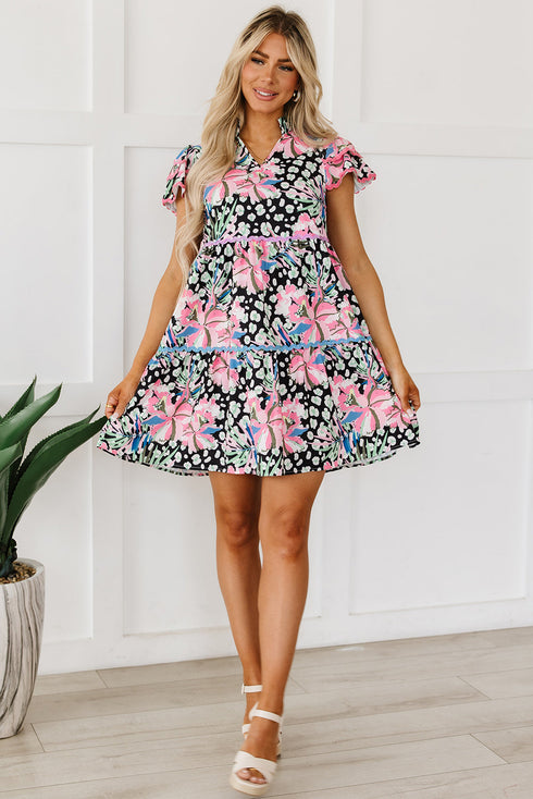 Mixed Print Ric Rac Trim Tiered Mini Dress