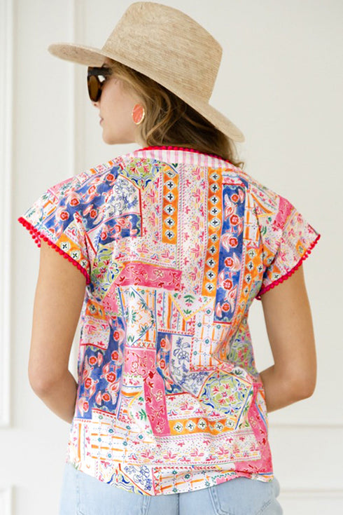 Mixed Print Rick Rack Contrast Trim V Neck Blouse