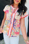 Mixed Print Rick Rack Contrast Trim V Neck Blouse