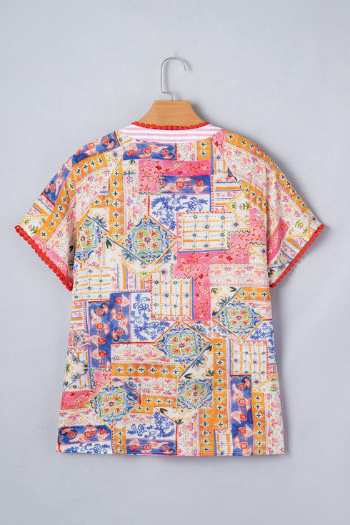 Mixed Print Rick Rack Contrast Trim V Neck Blouse