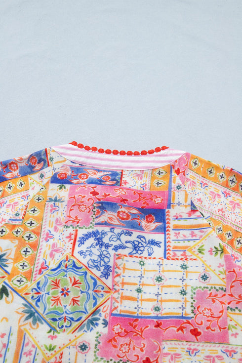 Mixed Print Rick Rack Contrast Trim V Neck Blouse