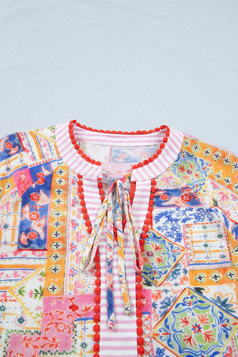 Mixed Print Rick Rack Contrast Trim V Neck Blouse