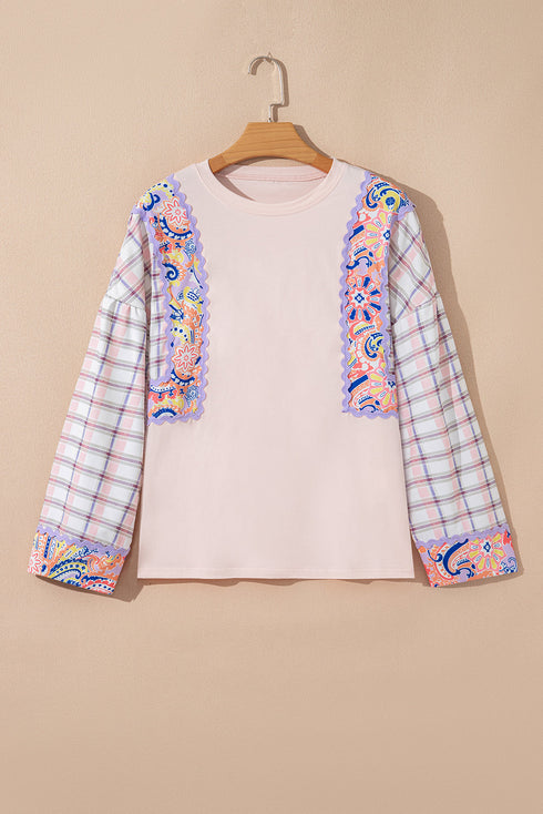 Mixed Print Ricrac Trim Puff Sleeve Cotton Blouse