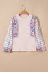 Mixed Print Ricrac Trim Puff Sleeve Cotton Blouse