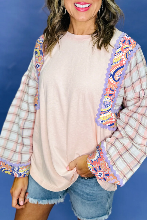Mixed Print Ricrac Trim Puff Sleeve Cotton Blouse