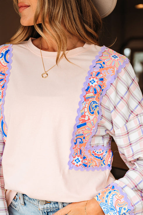 Mixed Print Ricrac Trim Puff Sleeve Cotton Blouse