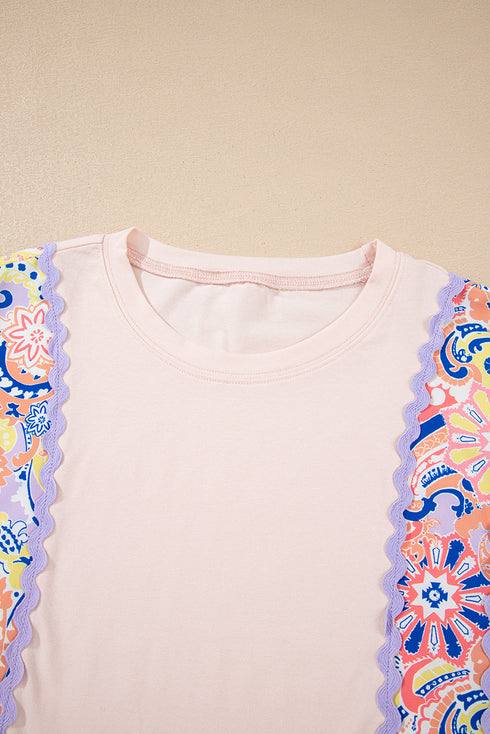 Mixed Print Ricrac Trim Puff Sleeve Cotton Blouse