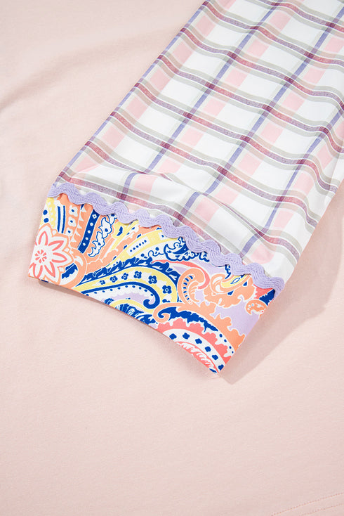 Mixed Print Ricrac Trim Puff Sleeve Cotton Blouse