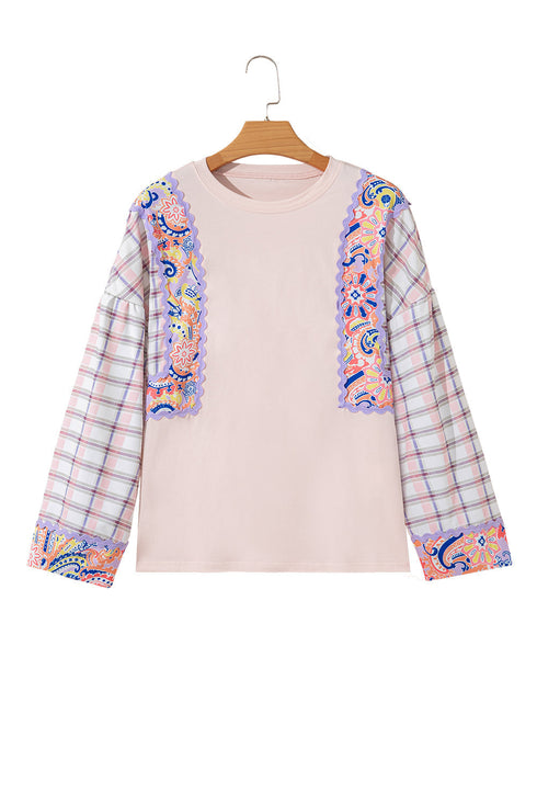 Mixed Print Ricrac Trim Puff Sleeve Cotton Blouse