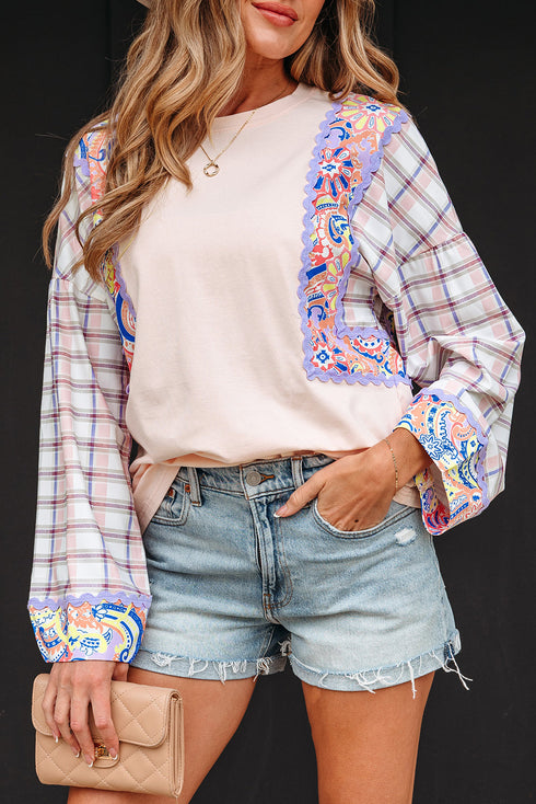 Mixed Print Ricrac Trim Puff Sleeve Cotton Blouse