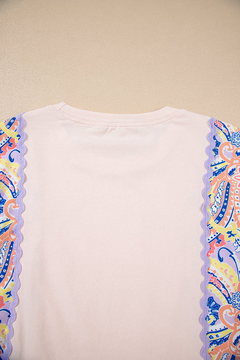 Mixed Print Ricrac Trim Puff Sleeve Cotton Blouse