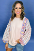 Mixed Print Ricrac Trim Puff Sleeve Cotton Blouse