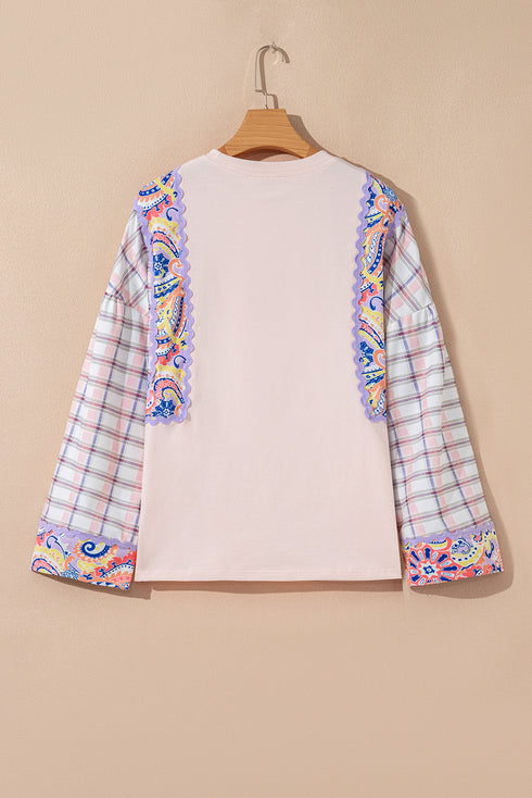 Mixed Print Ricrac Trim Puff Sleeve Cotton Blouse