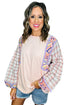 Mixed Print Ricrac Trim Puff Sleeve Cotton Blouse