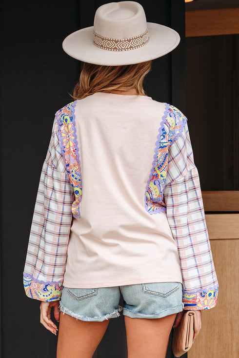 Mixed Print Ricrac Trim Puff Sleeve Cotton Blouse