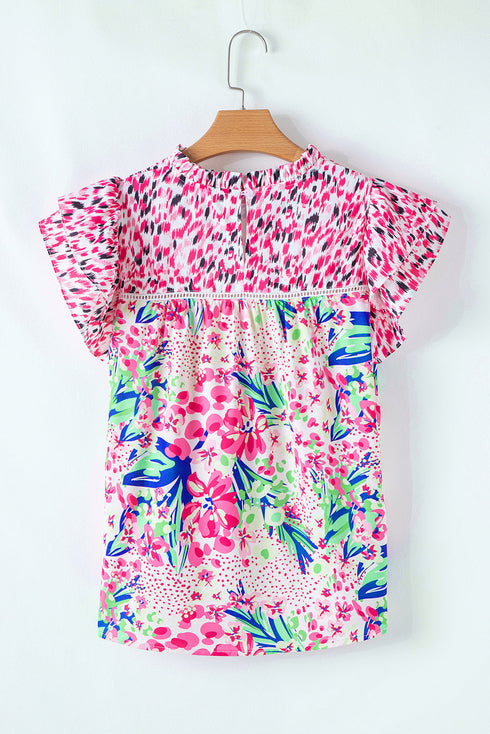 Mixed Print Ruffle Cap Sleeve Round Neck Blouse