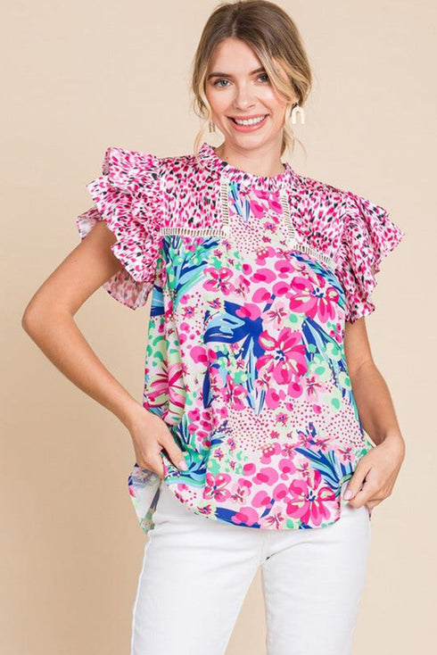 Mixed Print Ruffle Cap Sleeve Round Neck Blouse