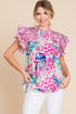 Mixed Print Ruffle Cap Sleeve Round Neck Blouse