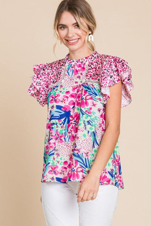 Mixed Print Ruffle Cap Sleeve Round Neck Blouse