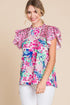 Mixed Print Ruffle Cap Sleeve Round Neck Blouse
