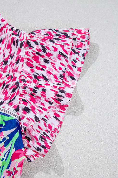Mixed Print Ruffle Cap Sleeve Round Neck Blouse