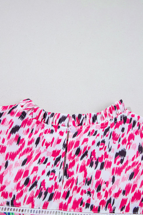 Mixed Print Ruffle Cap Sleeve Round Neck Blouse