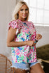 Mixed Print Ruffle Cap Sleeve Round Neck Blouse