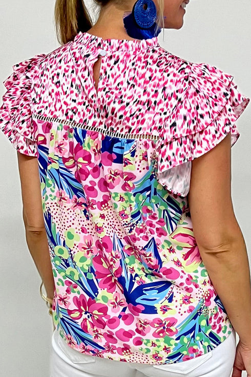 Mixed Print Ruffle Cap Sleeve Round Neck Blouse