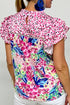 Mixed Print Ruffle Cap Sleeve Round Neck Blouse