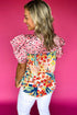 Mixed Print Ruffle Cap Sleeve Round Neck Blouse