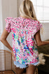 Mixed Print Ruffle Cap Sleeve Round Neck Blouse