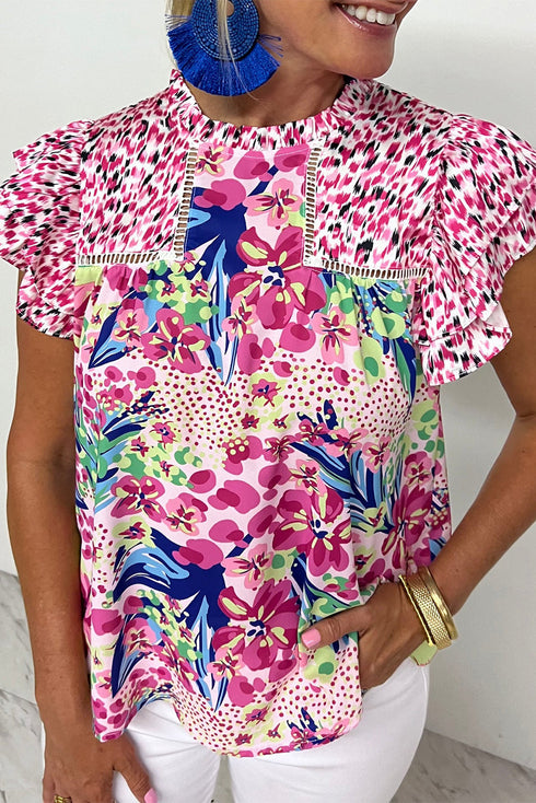 Mixed Print Ruffle Cap Sleeve Round Neck Blouse