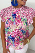 Mixed Print Ruffle Cap Sleeve Round Neck Blouse