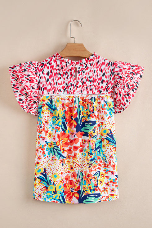 Mixed Print Ruffle Cap Sleeve Round Neck Blouse